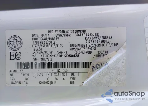 2017 Ford F-150 Xlt z USA, uszkodzony, nr VIN 1FTFX1EF9HKD50428